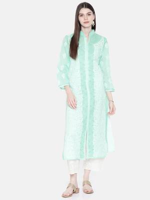 Ada Hand Embroidered Sea Green Cotton Lucknow Chikan Women Kurta - A230229 1