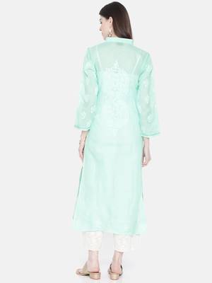 Ada Hand Embroidered Sea Green Cotton Lucknow Chikan Women Kurta - A230229 2