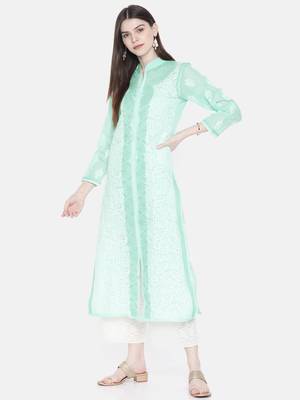 Ada Hand Embroidered Sea Green Cotton Lucknow Chikan Women Kurta - A230229 3