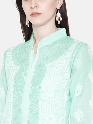 Ada Hand Embroidered Sea Green Cotton Lucknow Chikan Women Kurta - A230229 4