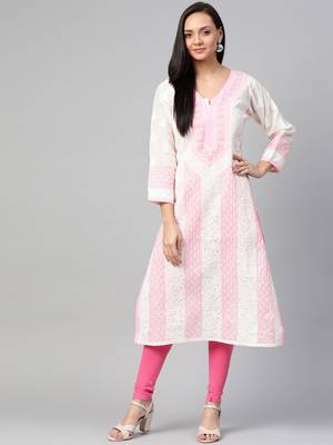 Ada Hand Embroidered White Cotton Lucknow Chikan Women Kurta - A273467 1
