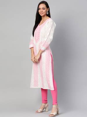 Ada Hand Embroidered White Cotton Lucknow Chikan Women Kurta - A273467 3