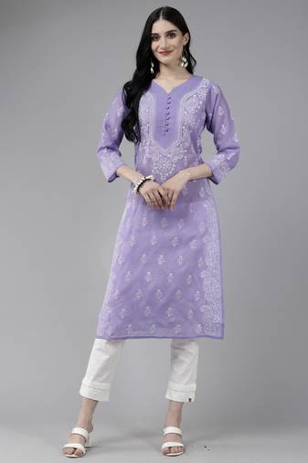 Ada Hand Embroidered Mauve Cotton Lucknow Chikankari Indian Women Kurta - A175579