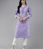 Ada Hand Embroidered Mauve Cotton Lucknow Chikankari Indian Women Kurta - A175579