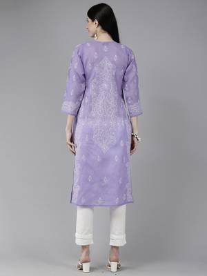 Ada Hand Embroidered Mauve Cotton Lucknow Chikankari Indian Women Kurta - A175579 2