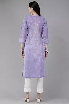 Ada Hand Embroidered Mauve Cotton Lucknow Chikankari Indian Women Kurta - A175579