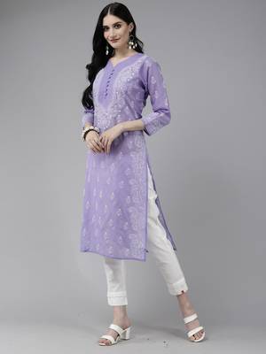 Ada Hand Embroidered Mauve Cotton Lucknow Chikankari Indian Women Kurta - A175579 3