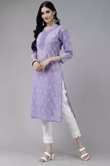 Ada Hand Embroidered Mauve Cotton Lucknow Chikankari Indian Women Kurta - A175579