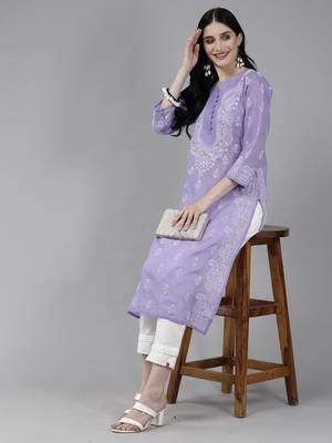 Ada Hand Embroidered Mauve Cotton Lucknow Chikankari Indian Women Kurta - A175579 4