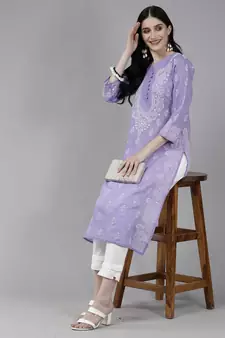 Ada Hand Embroidered Mauve Cotton Lucknow Chikankari Indian Women Kurta - A175579