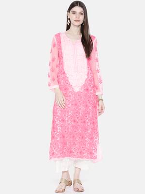 Ada Hand Embroidered Pink Faux Georgette Lucknow Chikan Kurti with Slip - A217611 1