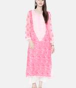 Ada Hand Embroidered Pink Faux Georgette Lucknow Chikan Kurti with Slip - A217611
