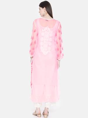 Ada Hand Embroidered Pink Faux Georgette Lucknow Chikan Kurti with Slip - A217611 2