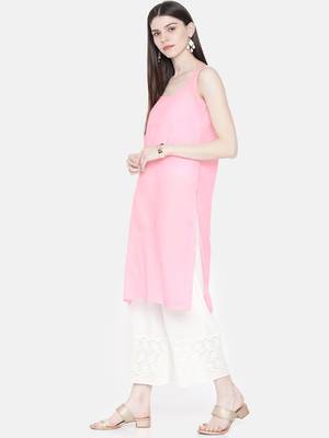 Ada Hand Embroidered Pink Faux Georgette Lucknow Chikan Kurti with Slip - A217611 3
