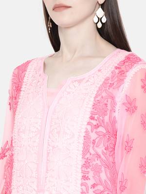 Ada Hand Embroidered Pink Faux Georgette Lucknow Chikan Kurti with Slip - A217611 4