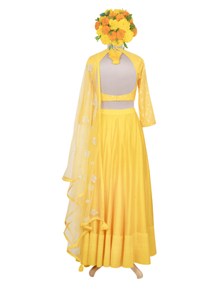 Turmeric Yellow Gold Kasab Jacquard- Chanderi readymade Lehenga-choli-dupatta 3