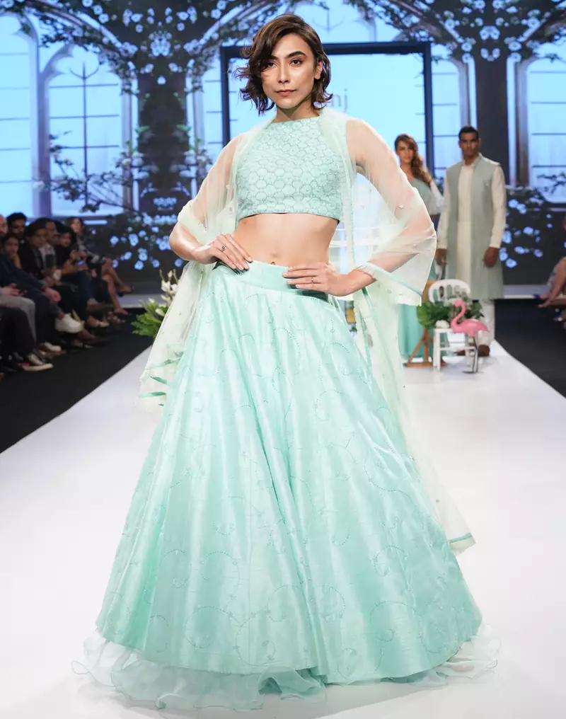 Neo Mint Neo- mint Kardana and Resham Raw silk readymade Lehenga-choli-dupatta