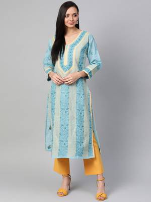 Ada Hand Embroidered Blue Cotton Lucknow Chikan Women Kurta - A285166 1