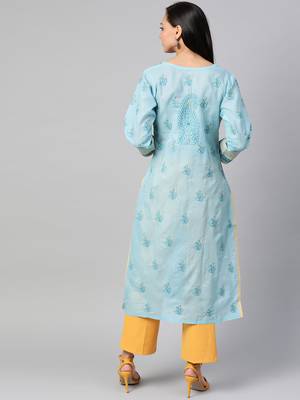 Ada Hand Embroidered Blue Cotton Lucknow Chikan Women Kurta - A285166 2