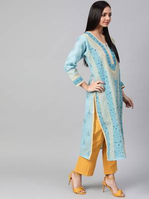 Ada Hand Embroidered Blue Cotton Lucknow Chikan Women Kurta - A285166 3