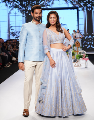 Denim Blue Gold Sadi Raw silk readymade Lehenga-choli-dupatta 1