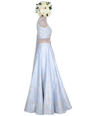 Denim Blue Gold Sadi Raw silk readymade Lehenga-choli-dupatta 2