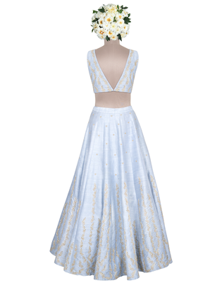 Denim Blue Gold Sadi Raw silk readymade Lehenga-choli-dupatta 3