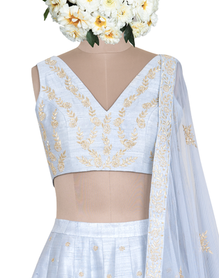 Denim Blue Gold Sadi Raw silk readymade Lehenga-choli-dupatta 5