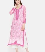 Ada Hand Embroidered Onion Pink Faux Georgette Lucknowi Chikan Kurta with Slip - A225721