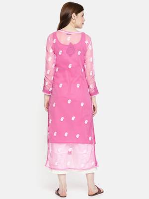 Ada Hand Embroidered Onion Pink Faux Georgette Lucknowi Chikan Kurta with Slip - A225721 2