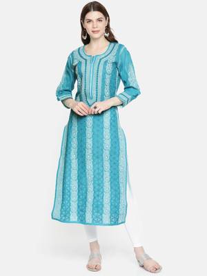 Ada Blue Hand Embroidered Cotton Lucknowi Chikankari Women Kurti - A230766 1