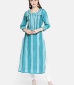 Ada Blue Hand Embroidered Cotton Lucknowi Chikankari Women Kurti - A230766