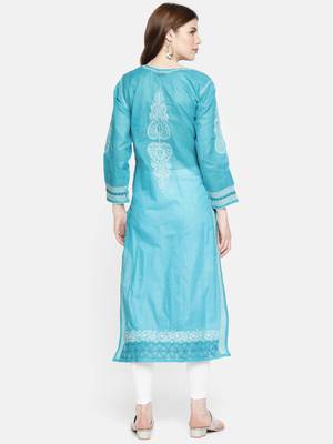 Ada Blue Hand Embroidered Cotton Lucknowi Chikankari Women Kurti - A230766 2