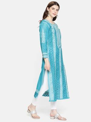 Ada Blue Hand Embroidered Cotton Lucknowi Chikankari Women Kurti - A230766 3