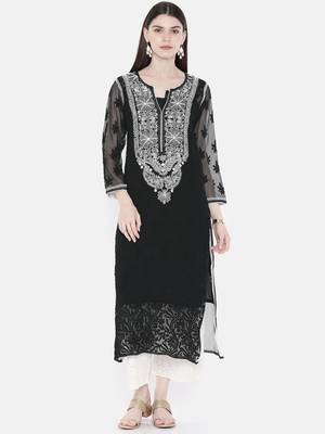 Ada Hand Embroidered Black Georgette Lucknowi Chikankari Indian Women Kurta With Slip - A217613 1