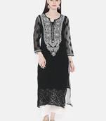 Ada Hand Embroidered Black Georgette Lucknowi Chikankari Indian Women Kurta With Slip - A217613