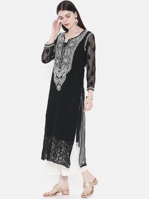 Ada Hand Embroidered Black Georgette Lucknowi Chikankari Indian Women Kurta With Slip - A217613 2