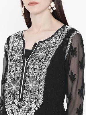 Ada Hand Embroidered Black Georgette Lucknowi Chikankari Indian Women Kurta With Slip - A217613 4