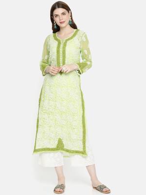 Ada Hand Embroidered Green Georgette Lucknowi Chikankari Indian Women Kurta with Slip - A223961 1