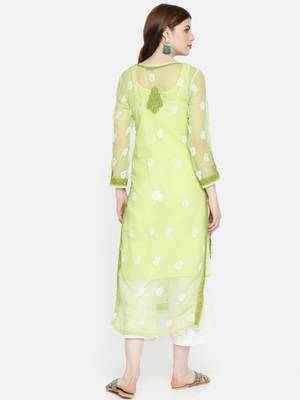 Ada Hand Embroidered Green Georgette Lucknowi Chikankari Indian Women Kurta with Slip - A223961 2