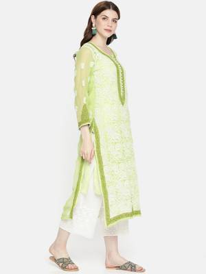 Ada Hand Embroidered Green Georgette Lucknowi Chikankari Indian Women Kurta with Slip - A223961 3