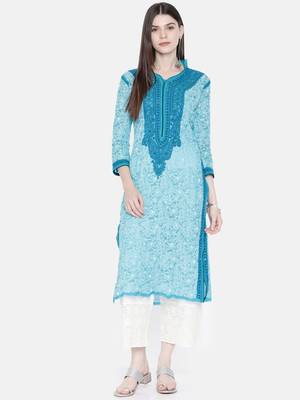 Ada Hand Crafted Blue Faux Georgette Lucknowi Chikankari Indian Women Kurta - A237435 1