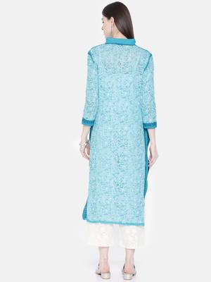 Ada Hand Crafted Blue Faux Georgette Lucknowi Chikankari Indian Women Kurta - A237435 2