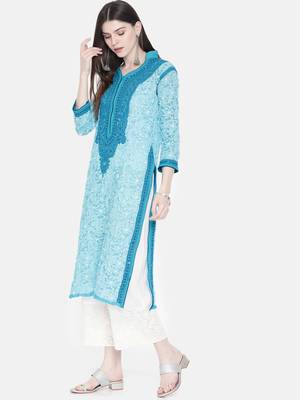 Ada Hand Crafted Blue Faux Georgette Lucknowi Chikankari Indian Women Kurta - A237435 3