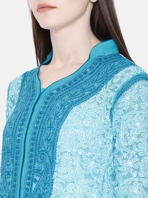Ada Hand Crafted Blue Faux Georgette Lucknowi Chikankari Indian Women Kurta - A237435 4