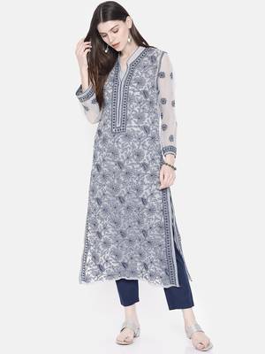 Ada Hand Crafted Grey Georgette Lucknowi Chikankari Indian Women Kurta With Slip - A224009 1