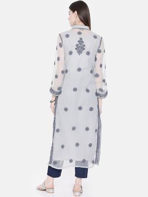 Ada Hand Crafted Grey Georgette Lucknowi Chikankari Indian Women Kurta With Slip - A224009 2