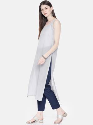 Ada Hand Crafted Grey Georgette Lucknowi Chikankari Indian Women Kurta With Slip - A224009 3