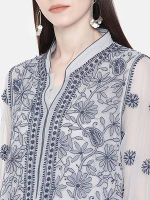 Ada Hand Crafted Grey Georgette Lucknowi Chikankari Indian Women Kurta With Slip - A224009 4