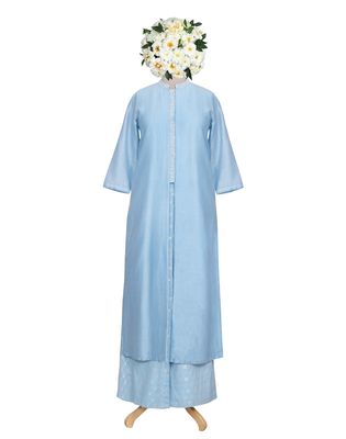 Denim Blue White Kardana and Resham Chanderi readymade kurta set 1